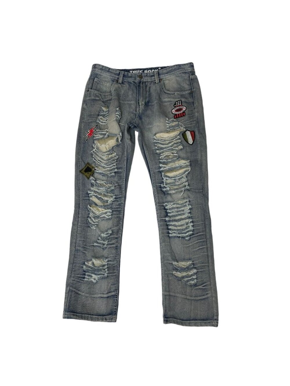 Mens True Rock Jeans Grunge Skater Punk Distressed Thrashed Patches Tag Size 34